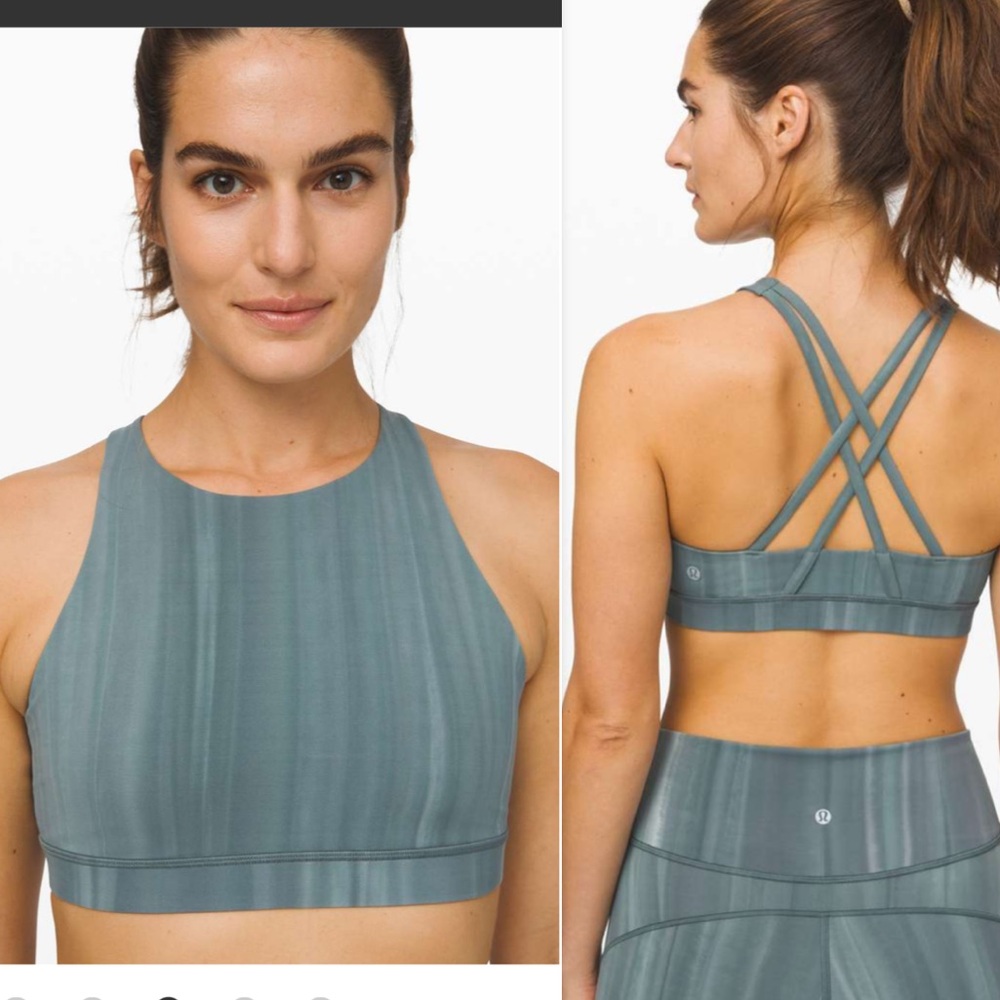 LIKE NEW~LULULEMON Energy Sports Bra High Neck Linear Spray Dye White Deep Ocean